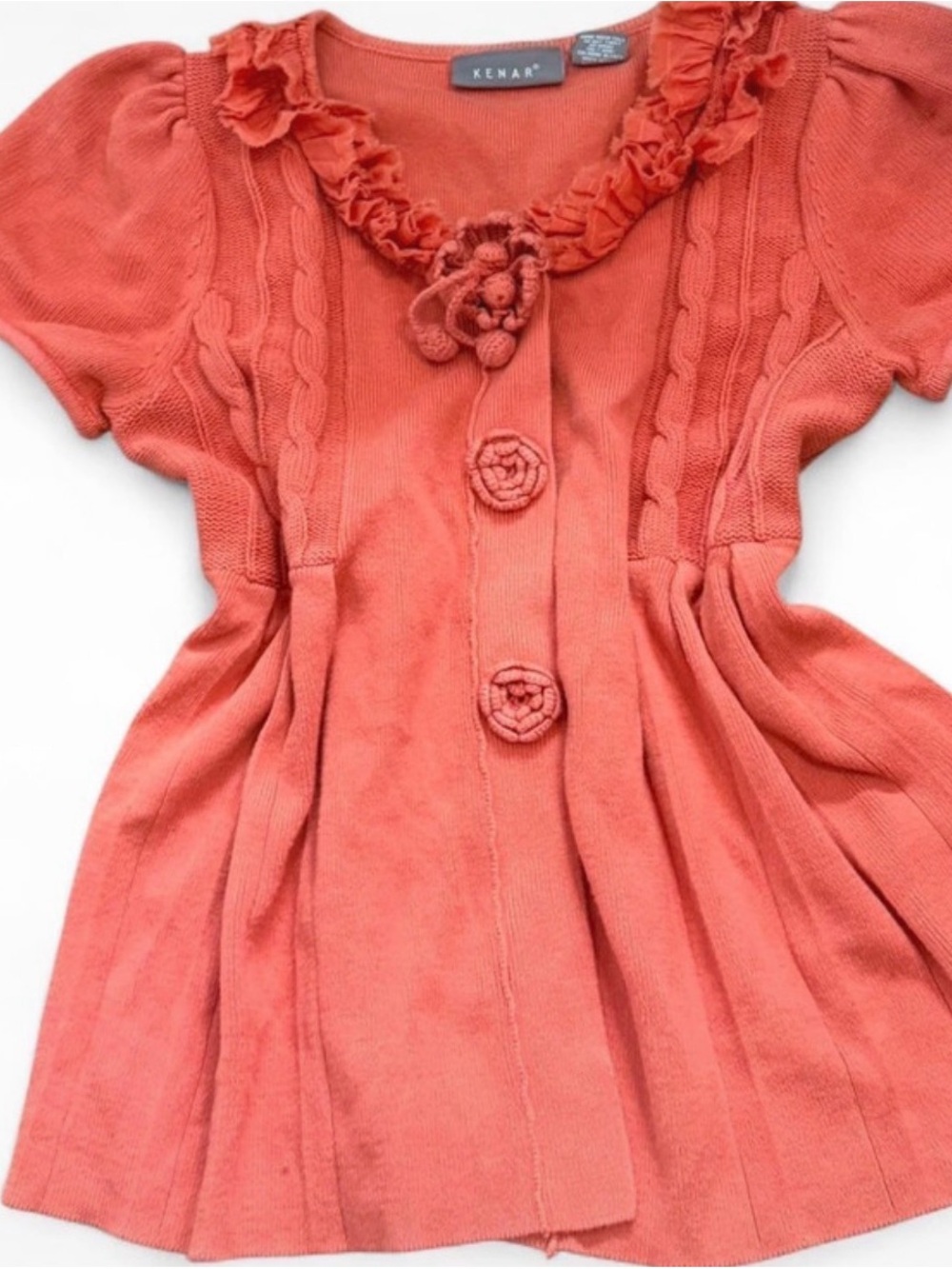 Kenar Coral Knit Ruffle Dress with Rosette Buttons